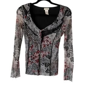 Arianne Top‎ Y2k Small Sheer Black Red Floral Lace Mesh Shirt Whimsigoth Fairy